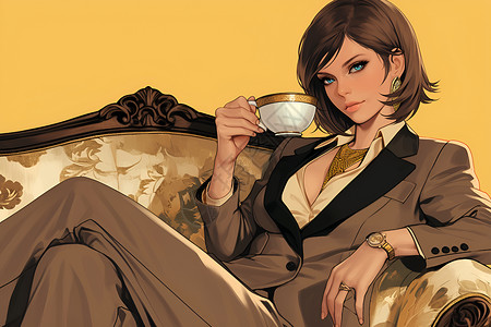 品味咖啡优雅品味的女士插画