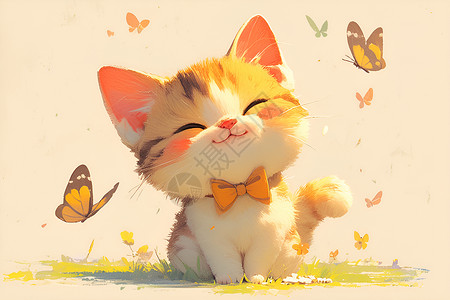 小猫与鸭子可爱小猫与蝴蝶插画