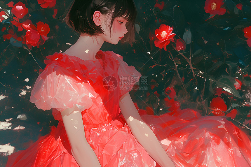 红裙少女插画图片