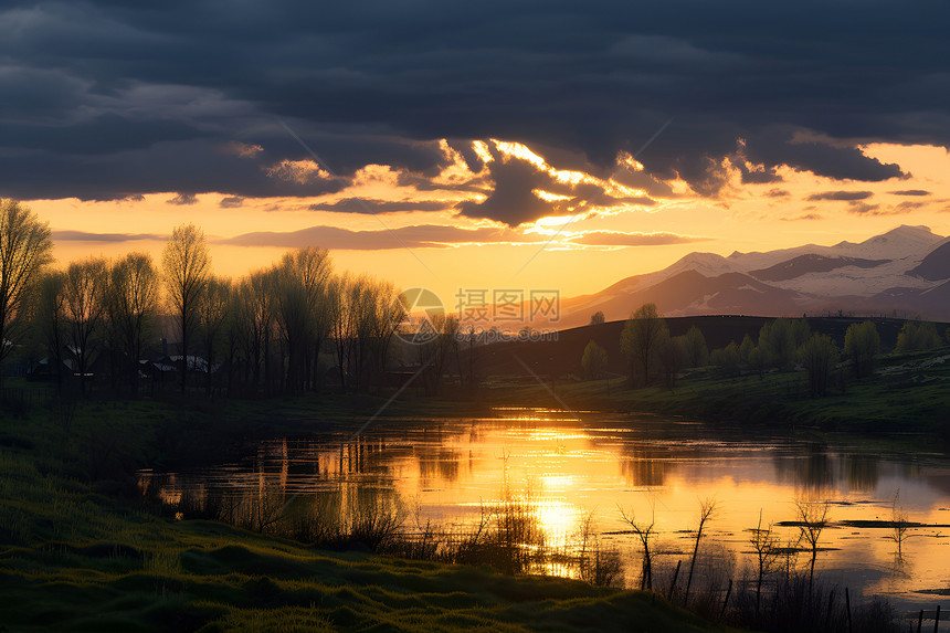 水边夕阳美景图片