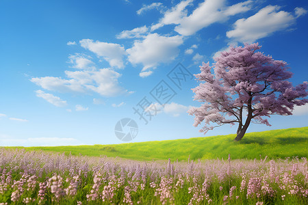 紫色标题栏花海中的一棵树插画