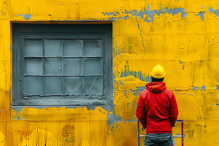 工人房屋黄墙前的涂漆工人插画