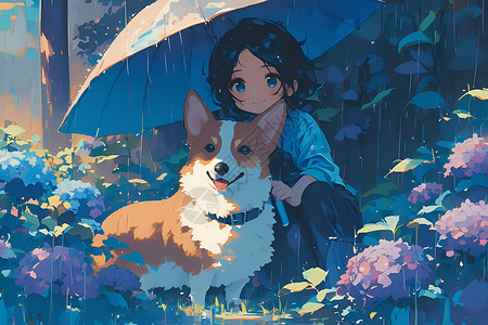 搜救犬花雨中欢乐伙伴插画