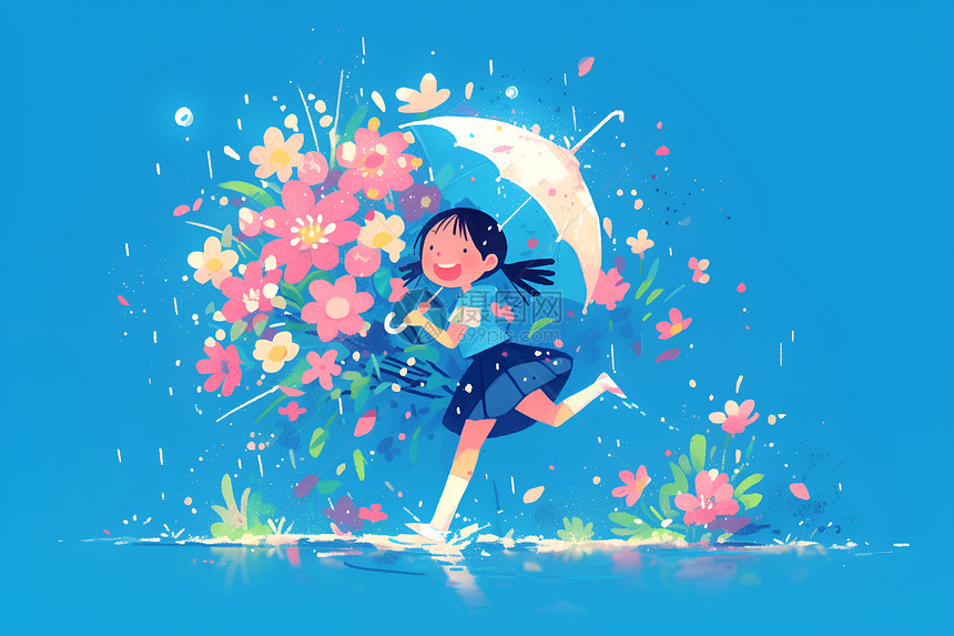 雨中欢快撑伞的女孩图片