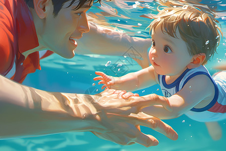 保护宝宝婴儿学习游泳插画