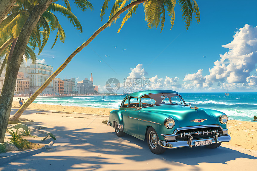 沙滩上的蓝色汽车图片