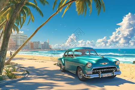 沙滩上篱笆沙滩上的蓝色汽车插画