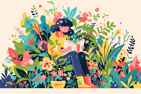 植物中坐着看书的女孩插画
