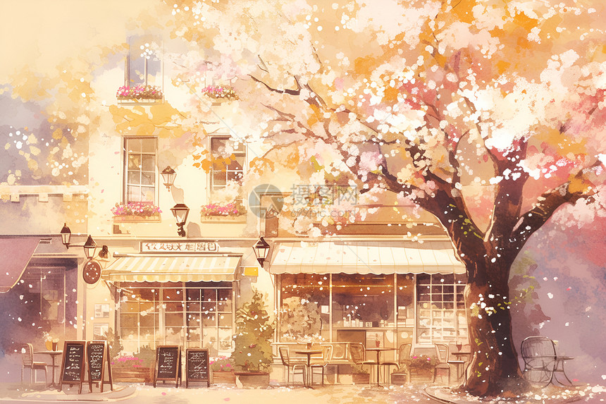 画作的樱花树和咖啡馆图片