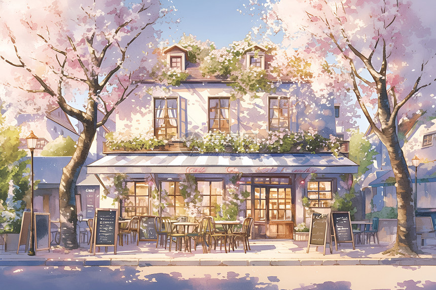 咖啡馆前的花树图片