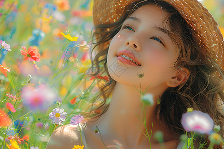 可爱花朵花海中的漂亮女孩背景