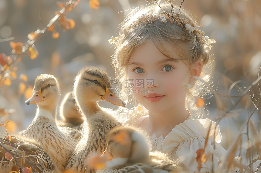可爱的小女孩和鸭子图片