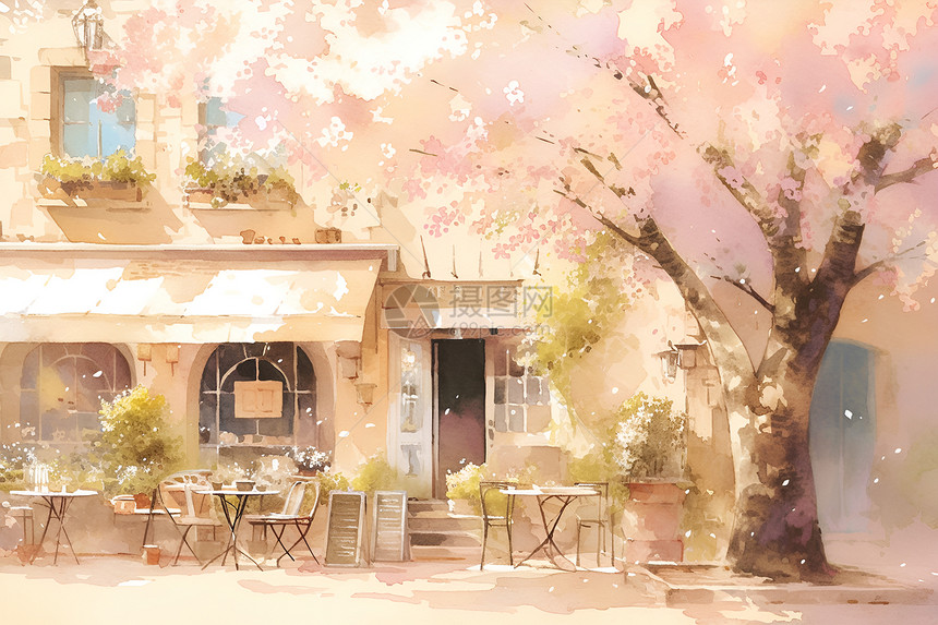 咖啡馆前的樱花树插画图片