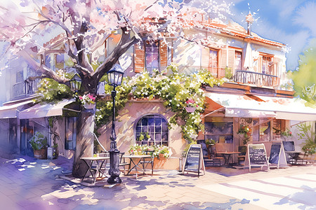 浪漫街头咖啡屋前的樱花树插画插画