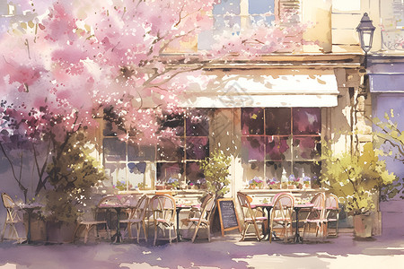 浪漫街头咖啡屋前的樱花插画