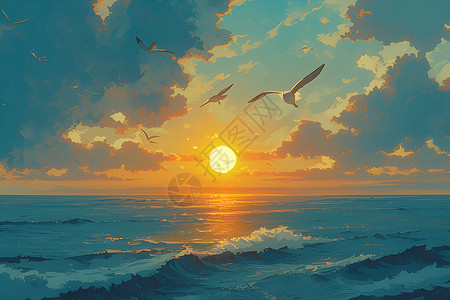 大海上海鸥大海上的日出插画