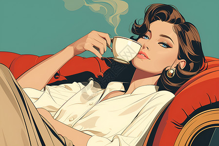 年轻女性在沙发上小憩优雅女人在沙发上喝咖啡插画