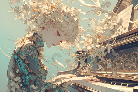 美丽钢琴素材美丽女孩弹奏钢琴插画