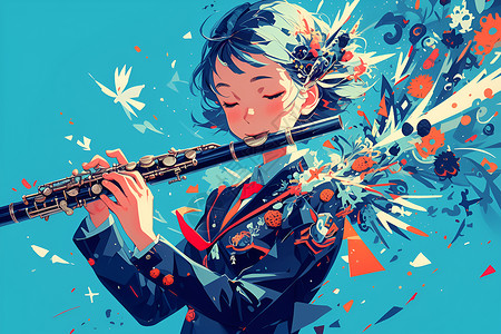 传动乐器女孩吹奏长笛插画