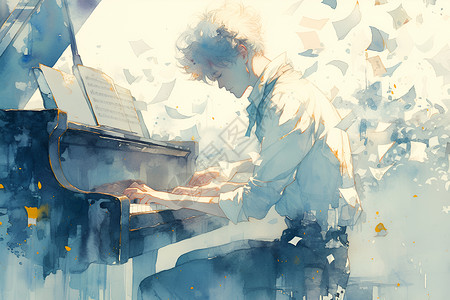 阳光下弹奏钢琴的男人插画