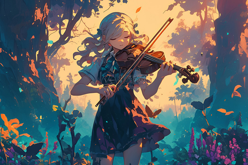 女孩在树下拉小提琴图片