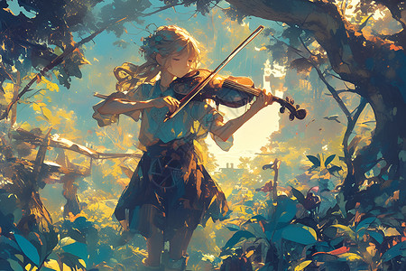 拉小提琴女孩森林里拉小提琴的女孩插画