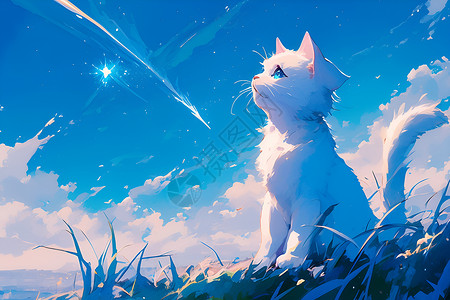 看星星的猫猫咪抬头看天空插画