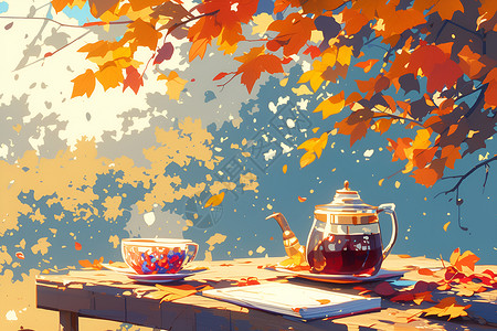户外舒适秋叶下的茶壶插画