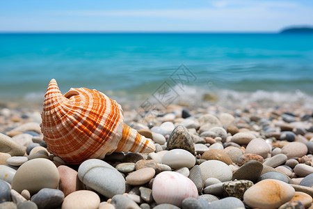 鹅卵石步道沙滩石头上的贝壳背景