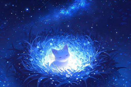 红树林萤火虫星空下的白猫插画