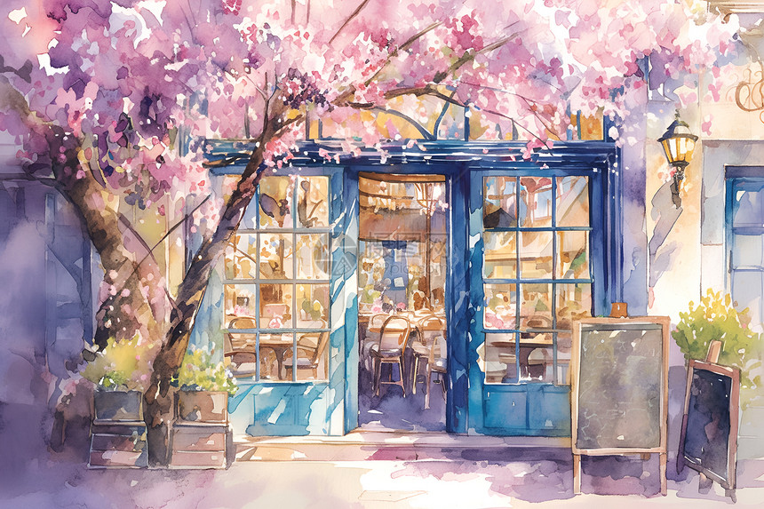 咖啡馆和樱花树图片