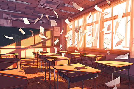 明亮的窗户教室里飞舞的纸插画