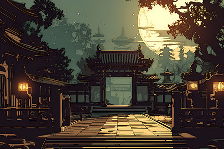 醉美寺庙夜景宁静之美插画