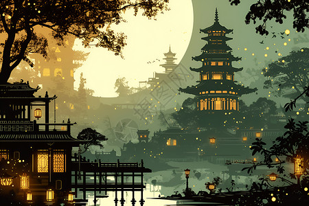 庙宇夜景月光背景图片