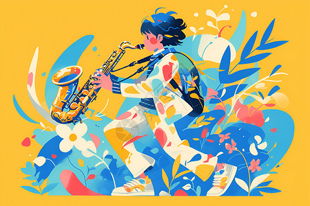 传动乐器花丛里的少年吹奏萨克斯插画