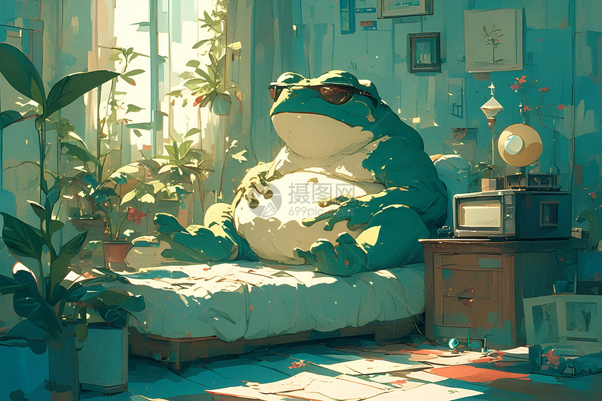胖青蛙躺在床上图片