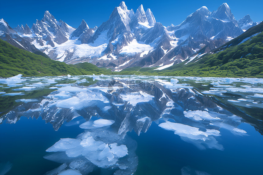 湖泊倒映着雪山图片