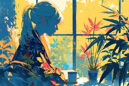 窗边咖啡窗边喝咖啡的女孩插画
