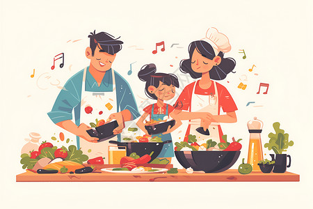 后现代厨房厨房里做饭的一家人插画