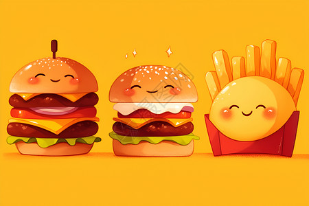 快餐汉堡笑脸汉堡薯条插画