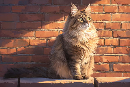 灰砖墙沐浴在阳光中的猫插画