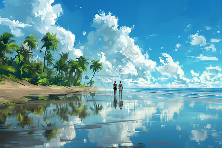 海岛沙滩海边棕榈树下的恋人插画