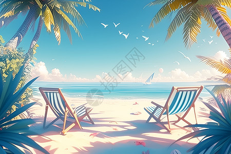 海滩上的椰子树沙滩上的海滩椅插画
