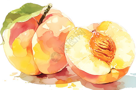 手绘画桃子绿叶可口的黄色桃子插画