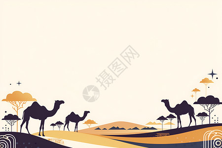 沙漠中的胡杨沙漠风景中的骆驼插画