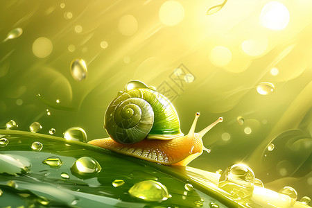 水滴银杏叶小雨中的蜗牛插画