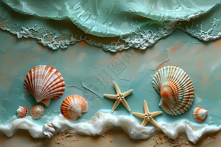 海滩上的贝壳和海星高清图片