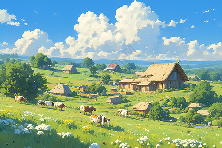 草地牛群蓝天下的牧场插画