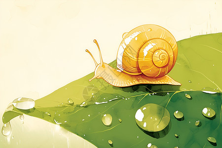 爬行植物绿叶上的蜗牛插画
