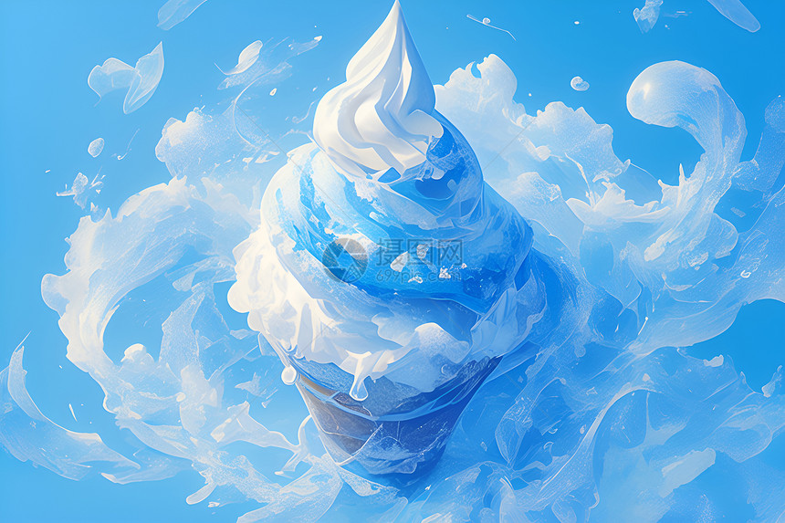 蓝白相间冰淇淋融化图片